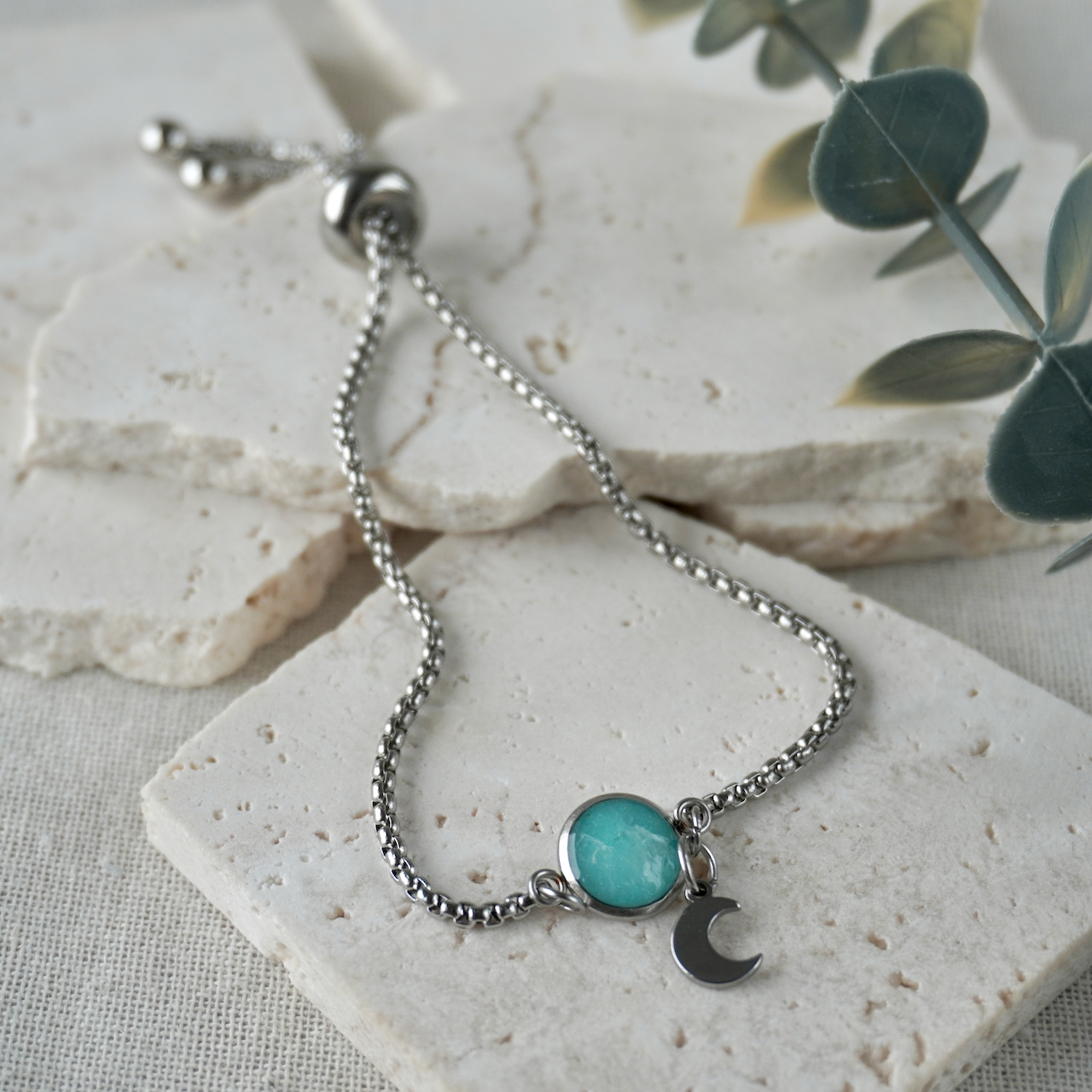 Amazonite Adjustable Moon Charm Bracelet